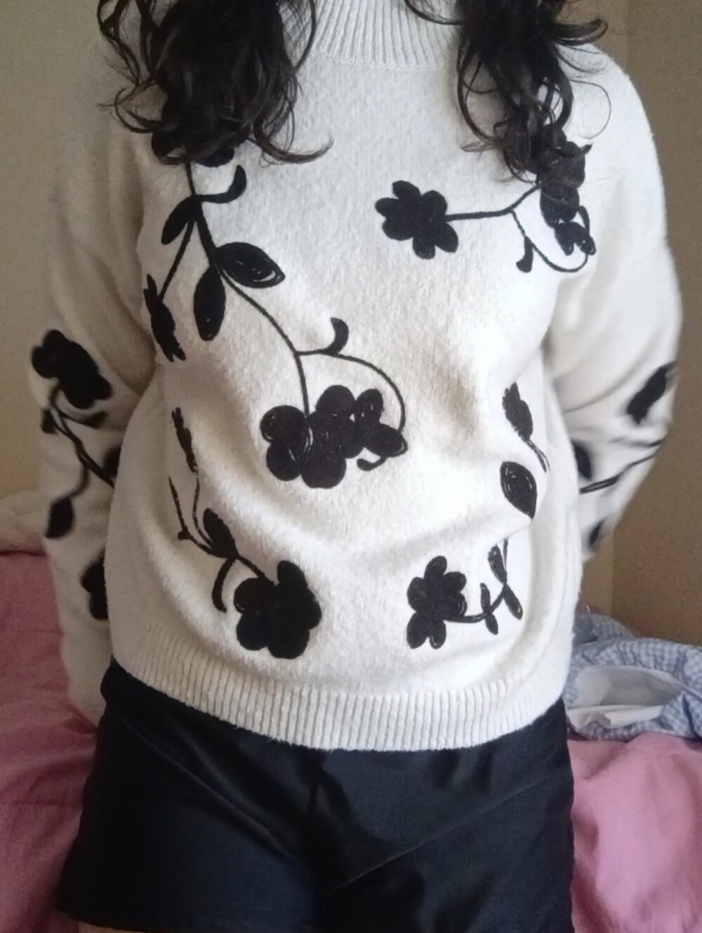 Cream White Sweater with Embroidered Black Flowers